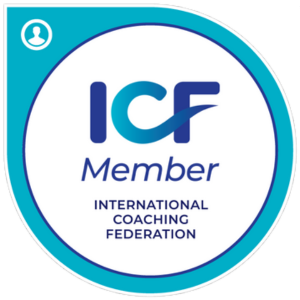 International Coaching Federation Member badge — circular blue and teal emblem with the ICF logo and text reading ‘ICF Member, International Coaching Federation.’