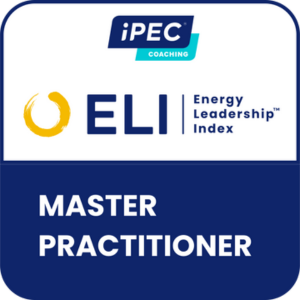 iPEC Coaching Energy Leadership Index Master Practitioner badge — blue square badge with the iPEC logo, yellow energy circle icon, and text reading ‘ELI Energy Leadership Index, Master Practitioner.’